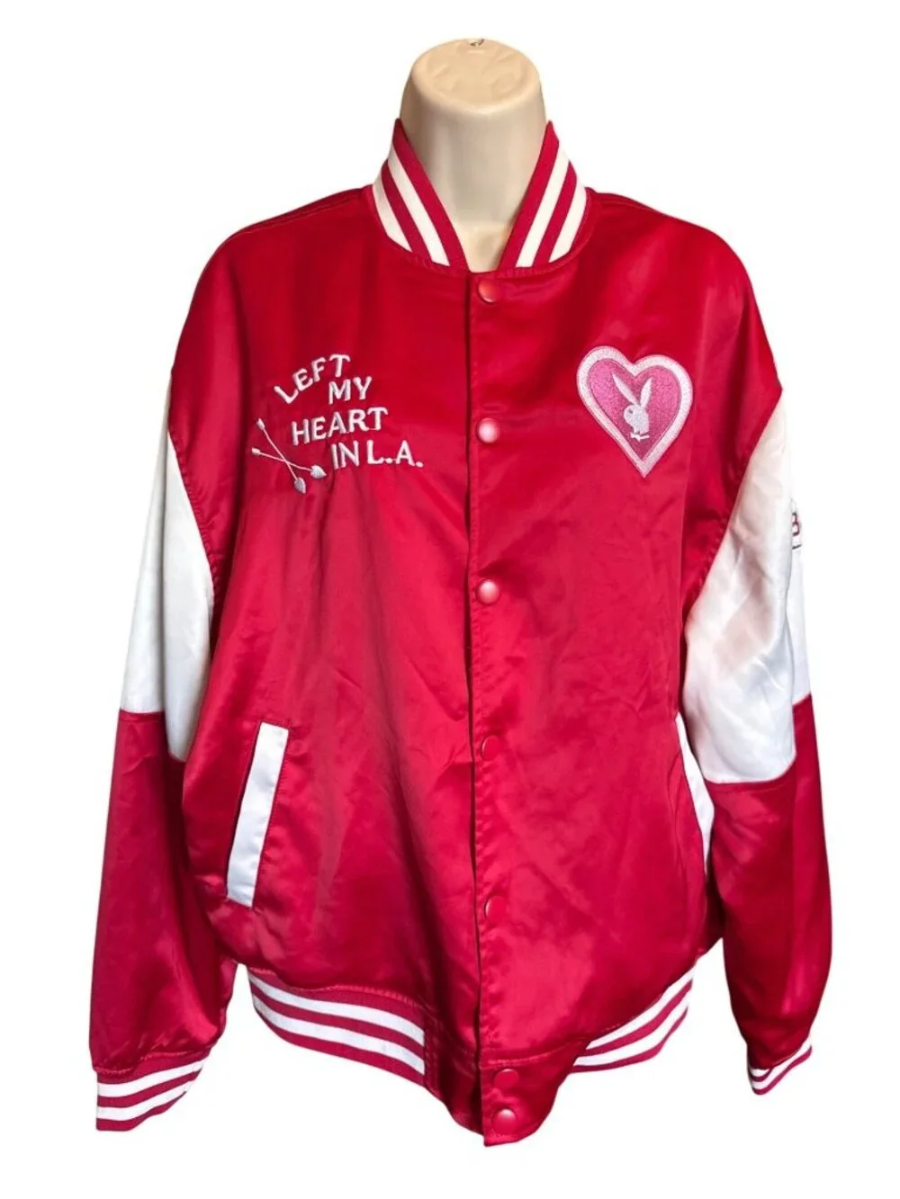 Playboy x PacSun Women's Satin Bomber Jacket XS S Pink Heart LA Varsity Y2K